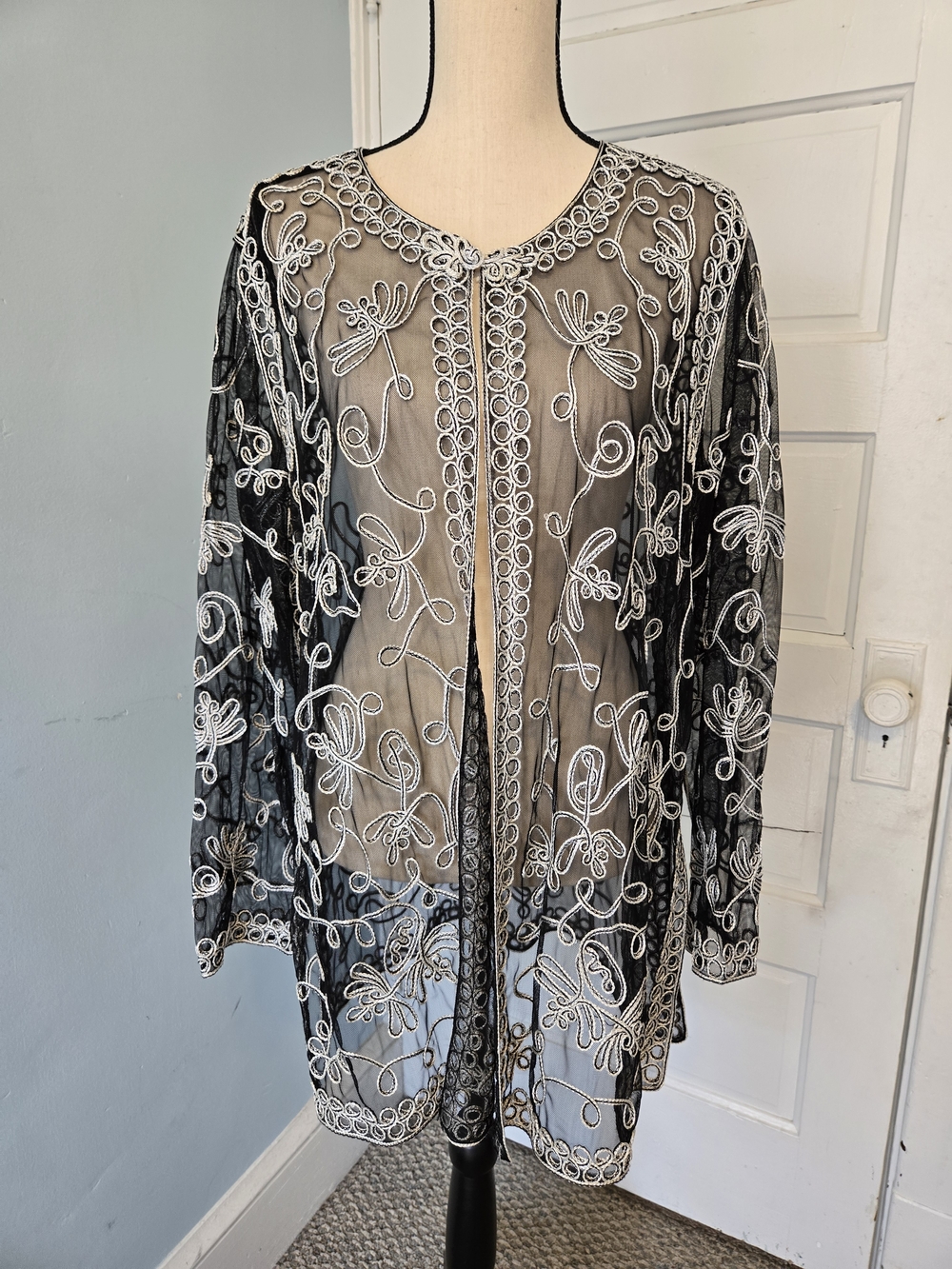 Victor Costa Black Sheer Overlay Formal Evening Jacket White Floral Embroidery